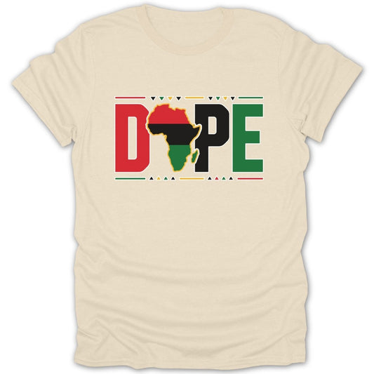 Beige t-shirt with "DOPE" text and African continent graphic.