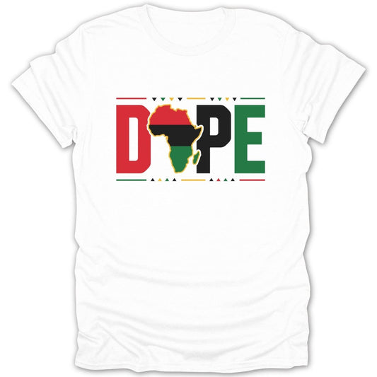 White t-shirt featuring the word "DOPE" in bold colors with an African map graphic.