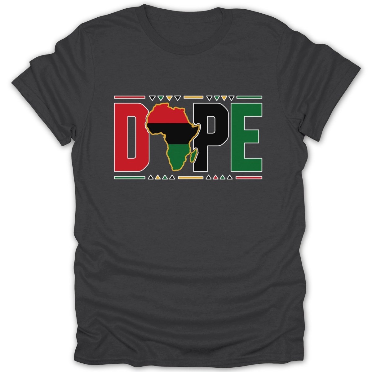 Dark gray t-shirt with "DOPE" graphic featuring the African continent.