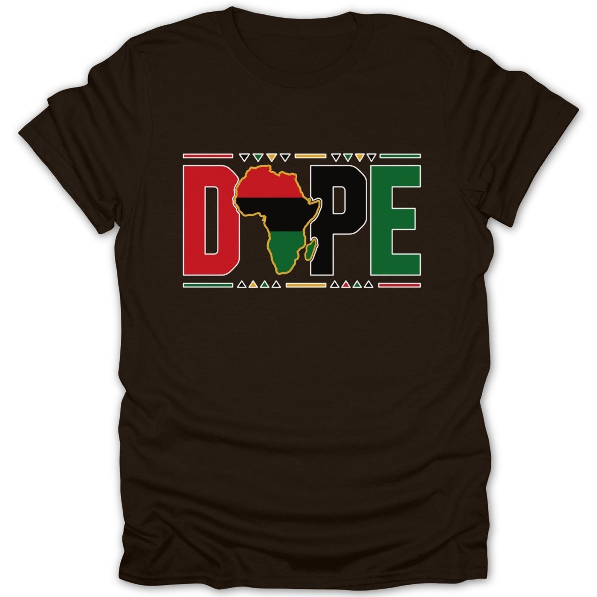 Brown t-shirt with "DOPE" text featuring Africa map and African flag colors.