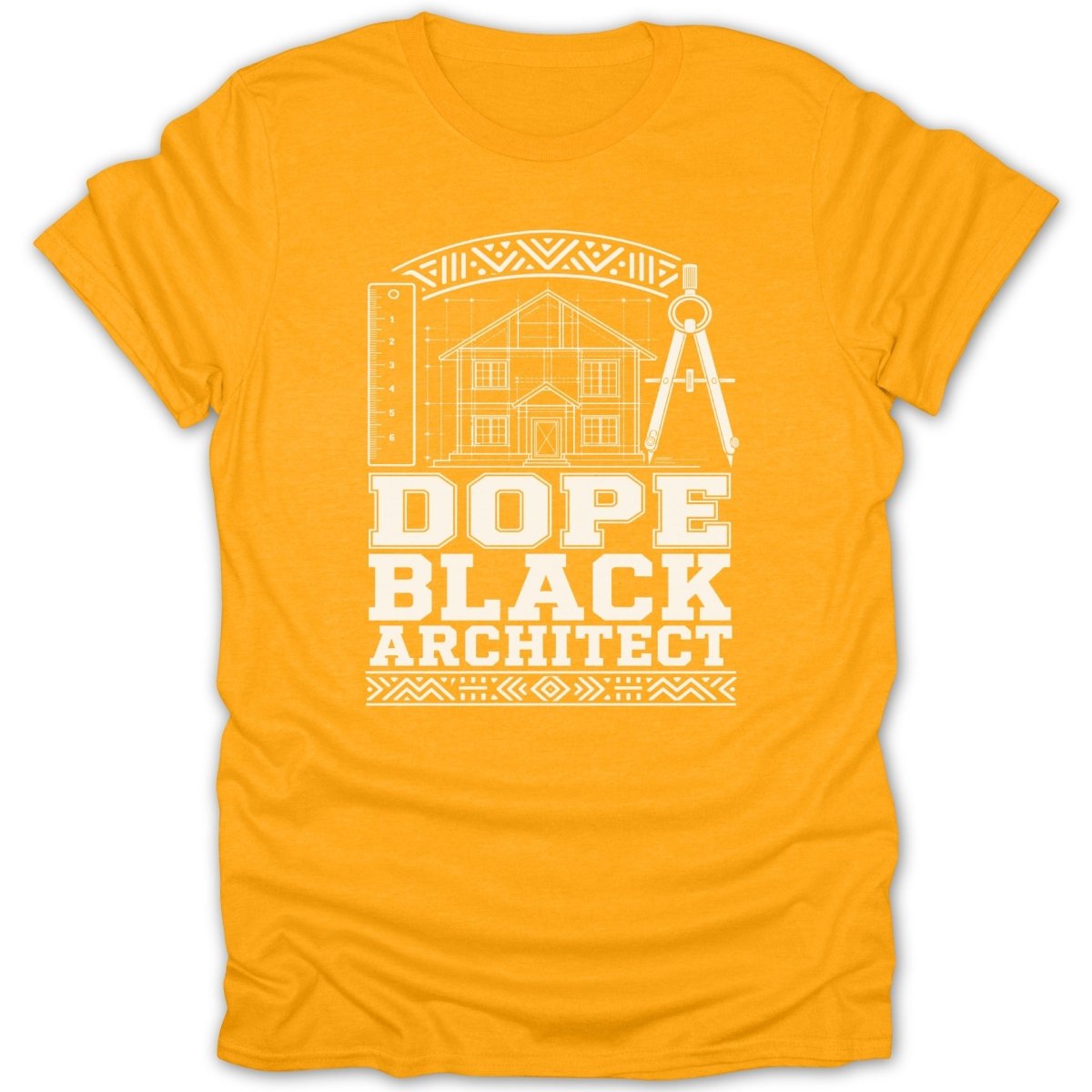 Orange t-shirt with white graphic of a house blueprint, ruler, compass and text.