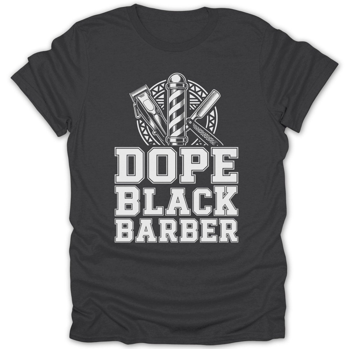 Dope Black Barber text with barber pole, clipper, and razor design.