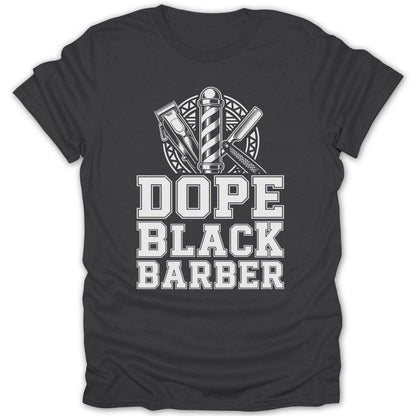 Dope Black Barber text with barber pole, clipper, and razor design.