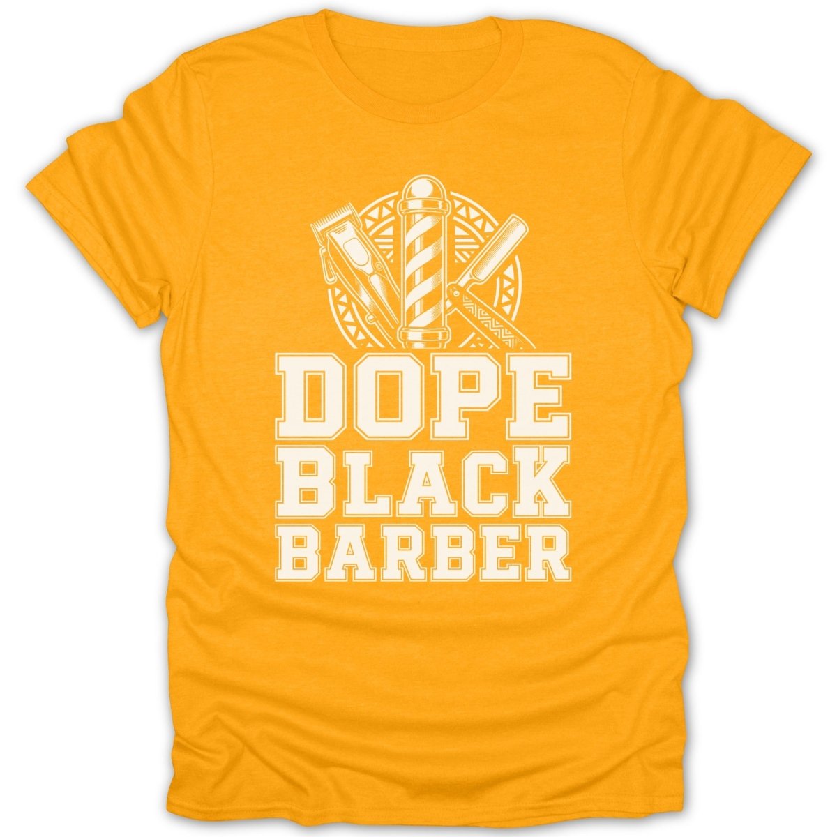 Orange t-shirt with "Dope Black Barber" text and barber pole graphic.