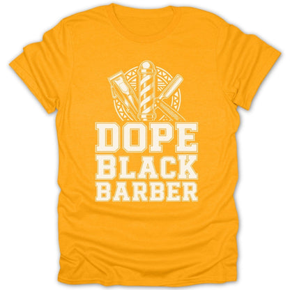 Orange t-shirt with "Dope Black Barber" text and barber pole graphic.