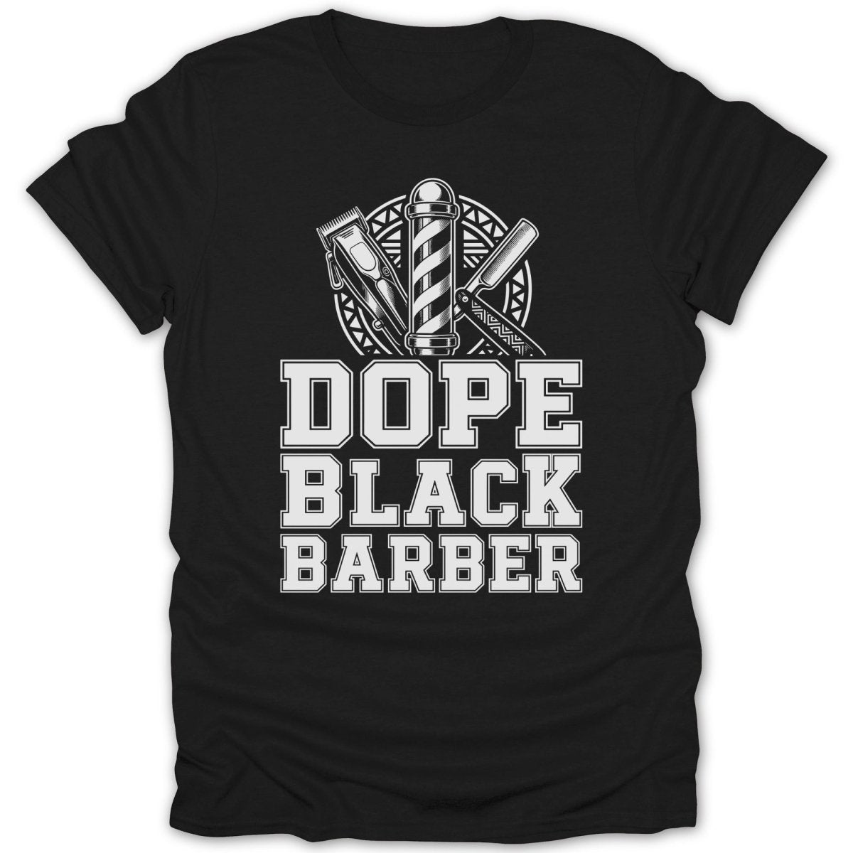 Black t-shirt with "Dope Black Barber" text and barber tools.