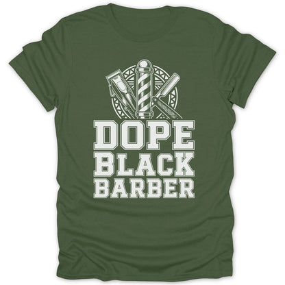 Green t-shirt with "DOPE BLACK BARBER" text and barber imagery.