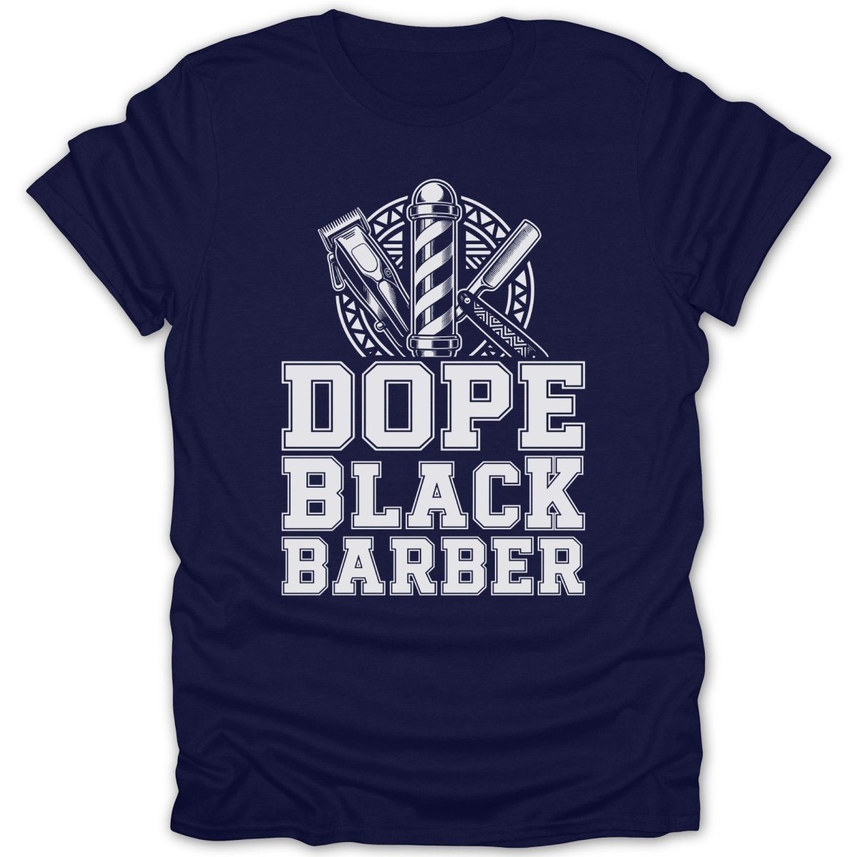 Navy t-shirt with "DOPE BLACK BARBER" text and barber tools graphic.