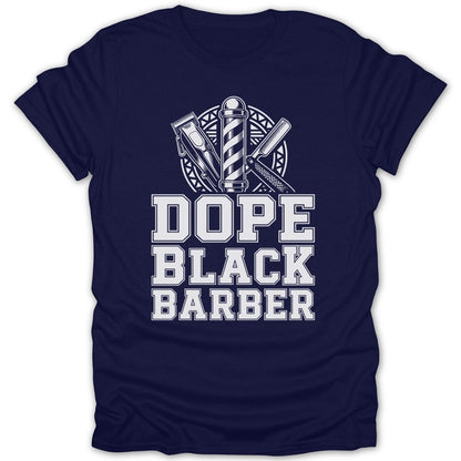 Navy t-shirt with "DOPE BLACK BARBER" text and barber tools graphic.