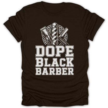 Brown t-shirt with barber pole, clippers, razor, and text "Dope Black Barber".