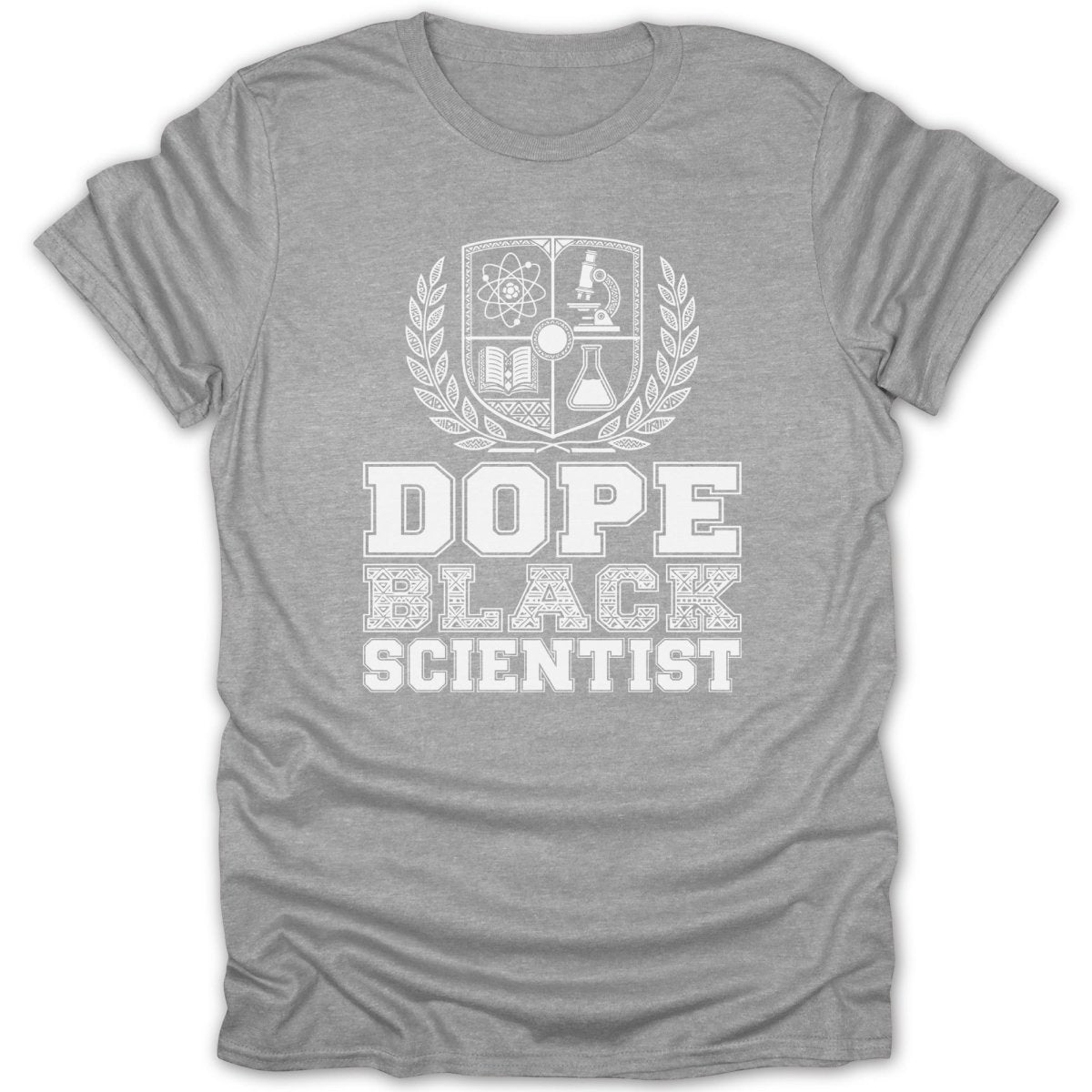 Grey t-shirt with white text and science graphics reading "Dope Black Scientist".