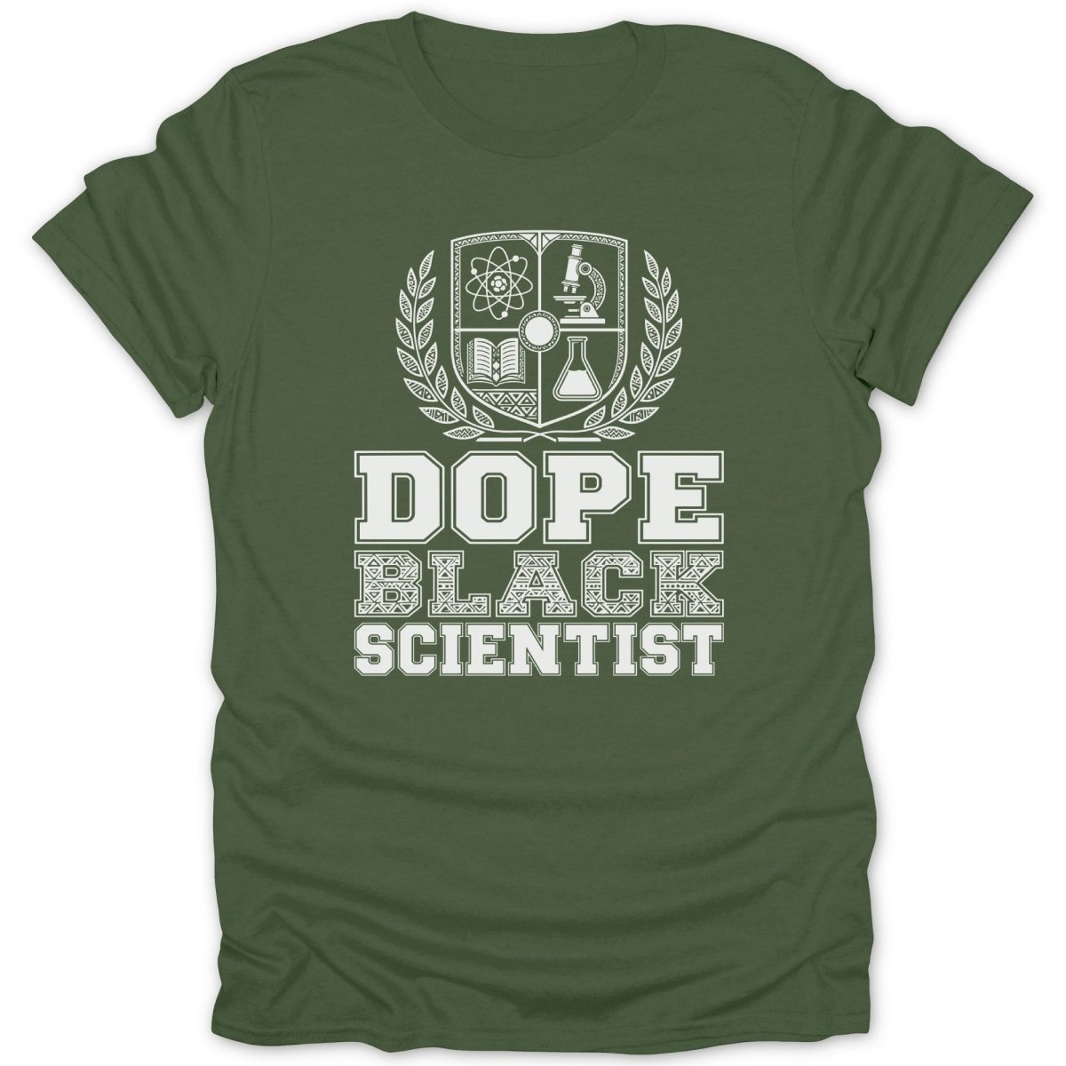 Green t-shirt with white text and science icons that reads "DOPE BLACK SCIENTIST."