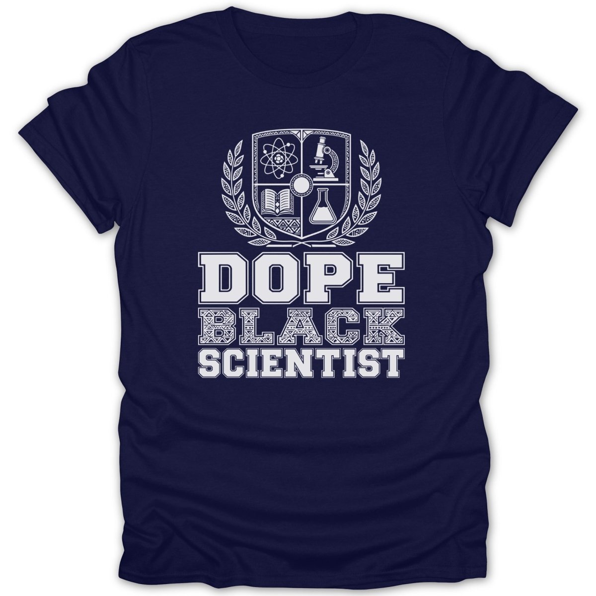 Navy t-shirt with white Dope Black Scientist text and science crest.