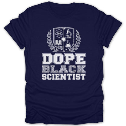 Navy t-shirt with white Dope Black Scientist text and science crest.