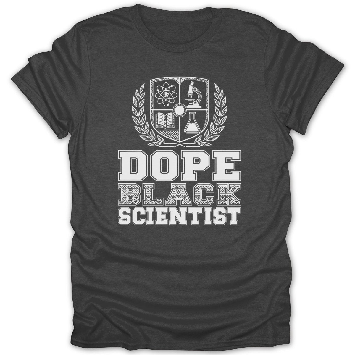 Dark t-shirt with "Dope Black Scientist" text and science emblems.