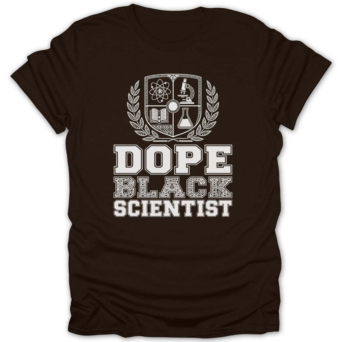 Brown t-shirt with "DOPE BLACK SCIENTIST" text and science symbols.