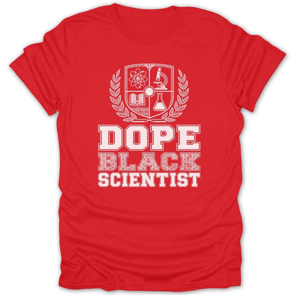 Red t-shirt with white text and crest: DOPE BLACK SCIENTIST