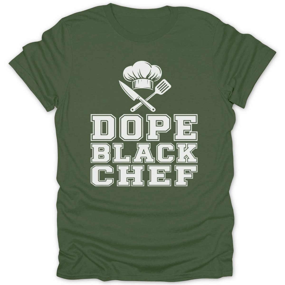 Green t-shirt with white text "DOPE BLACK CHEF" and chef hat graphic.