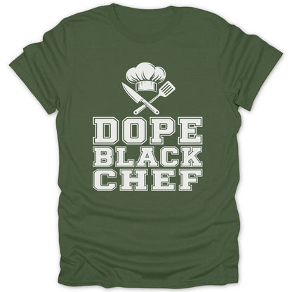 Green t-shirt with white text "DOPE BLACK CHEF" and chef hat graphic.