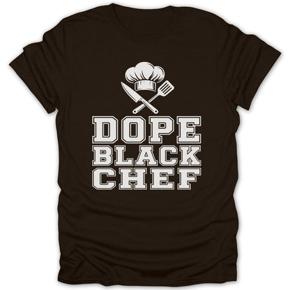 Brown t-shirt with white text "DOPE BLACK CHEF" and chef graphics.
