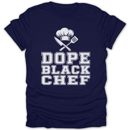 Navy t-shirt with white text "DOPE BLACK CHEF" and chef icons.