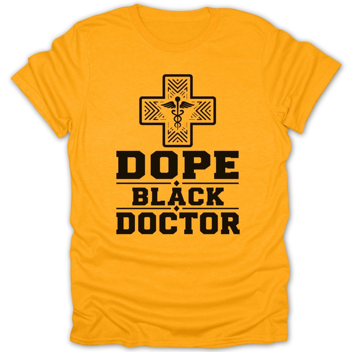 Yellow t-shirt with "Dope Black Doctor" text and a medical cross emblem.