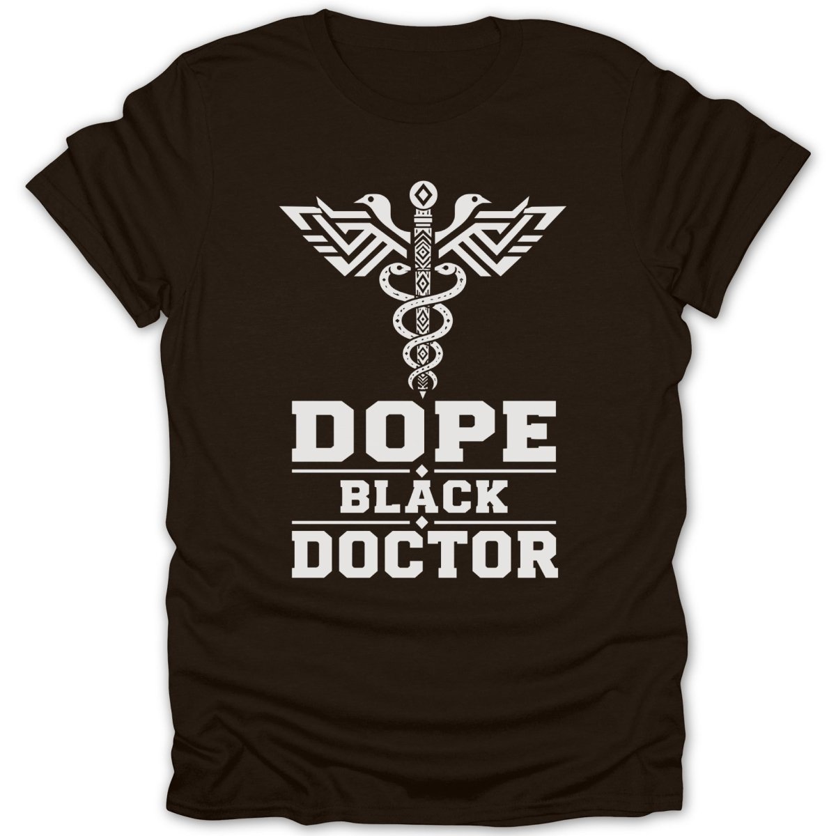 Black t-shirt with white Dope Black Doctor text and caduceus symbol.
