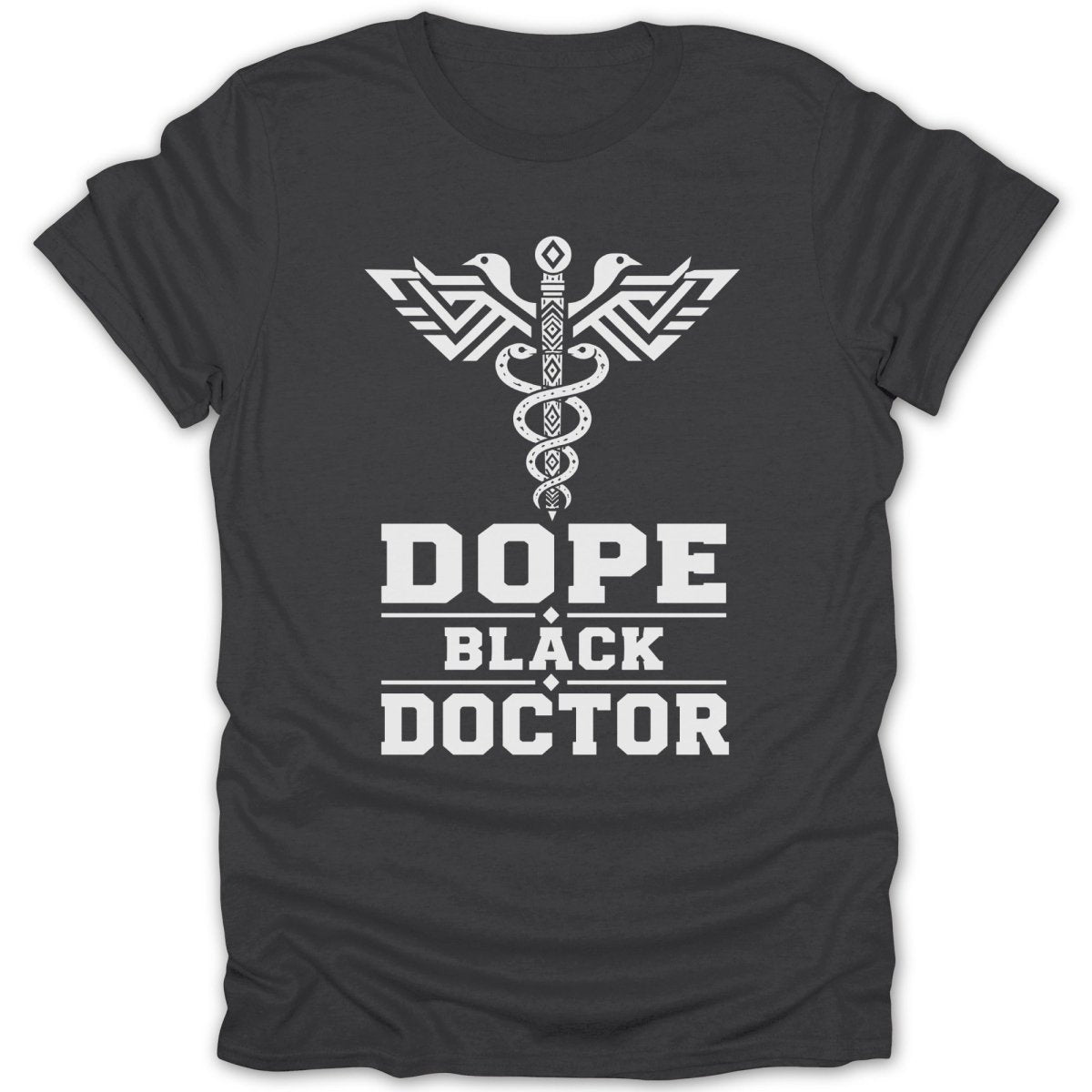 Black t-shirt with Dope Black Doctor text and caduceus symbol.