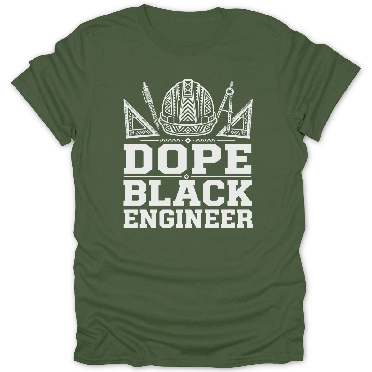 Green t-shirt with white text "DOPE BLACK ENGINEER" and engineering graphics.