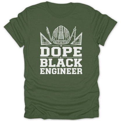 Green t-shirt with white text "DOPE BLACK ENGINEER" and engineering graphics.