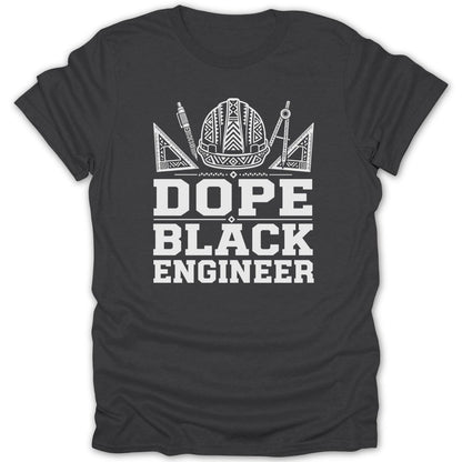 T-shirt with text "DOPE BLACK ENGINEER" and engineering graphics.