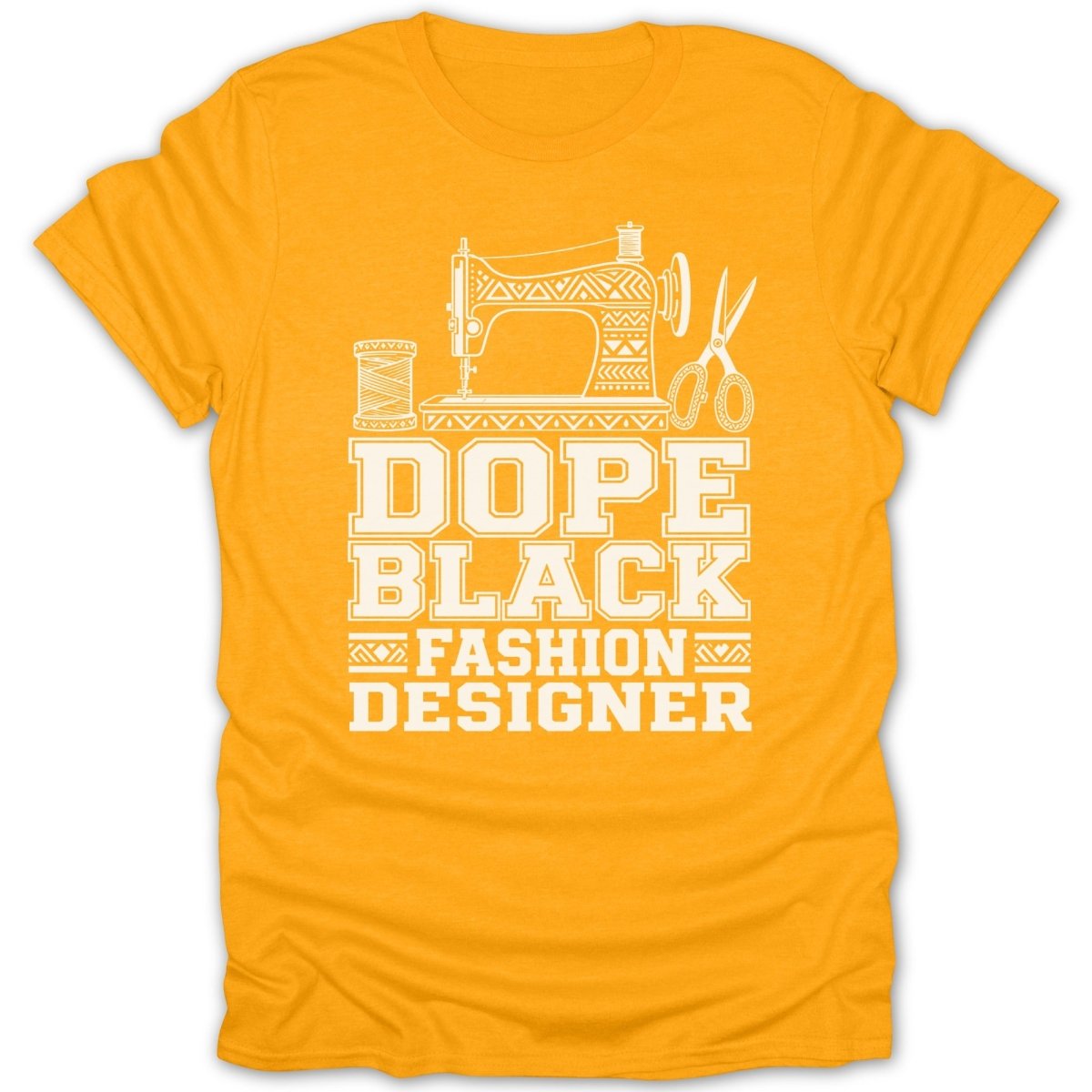 Orange t-shirt with white graphic text: "DOPE BLACK FASHION DESIGNER".