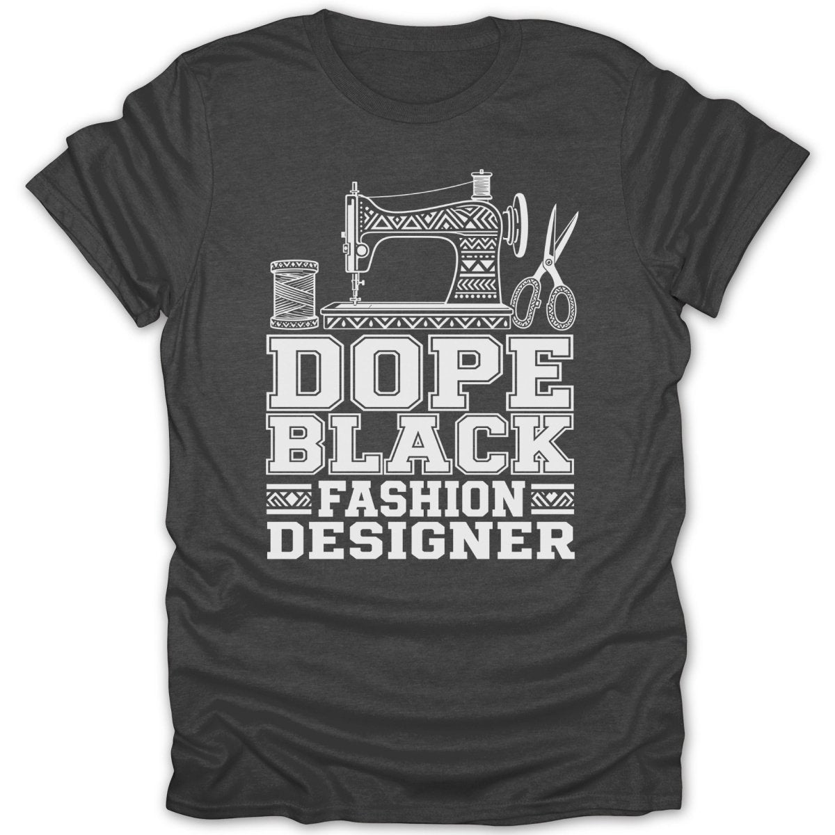 Dark grey t-shirt with white text and graphics: sewing machine, thread, and scissors.