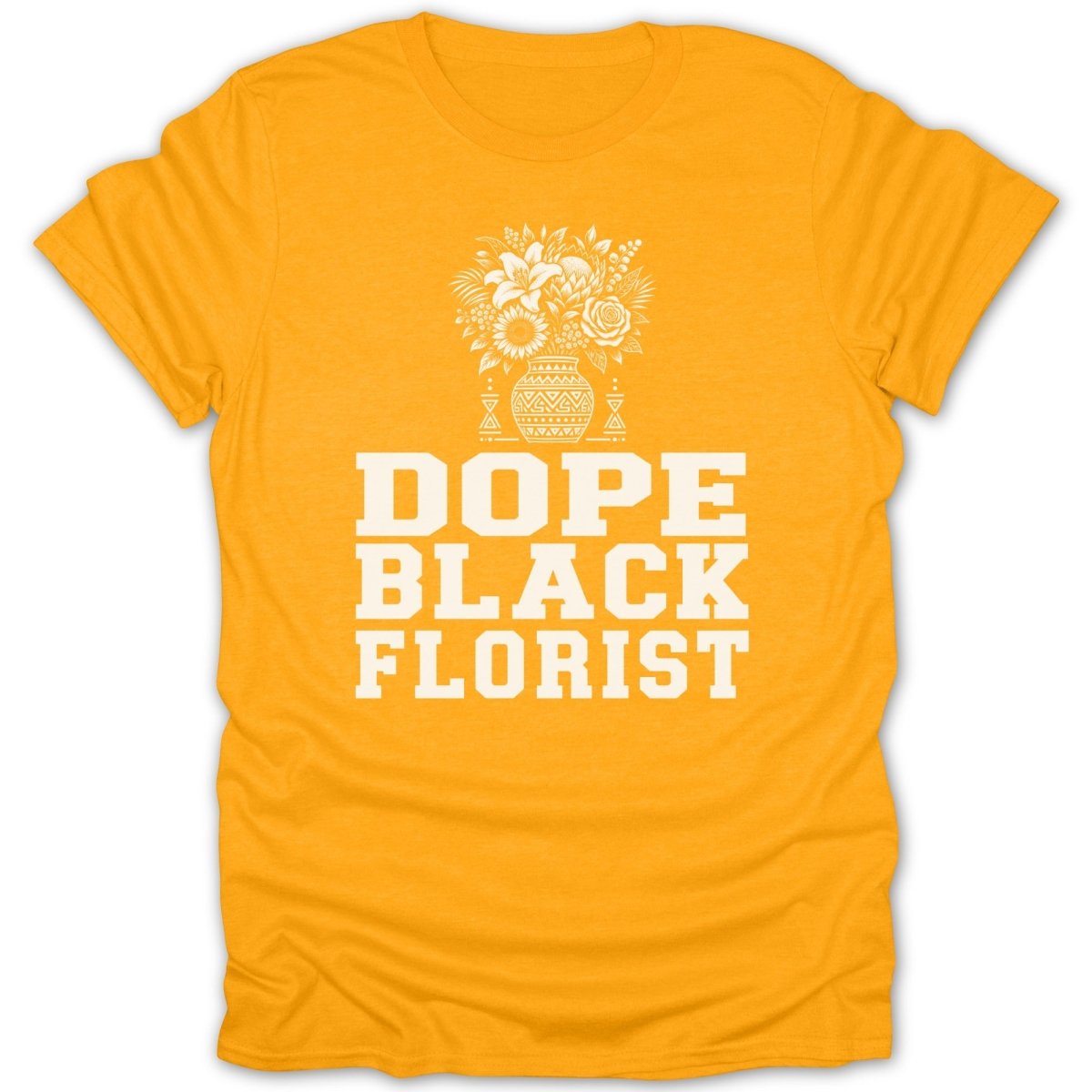 Yellow t-shirt with white text "DOPE BLACK FLORIST" and flower vase graphic.
