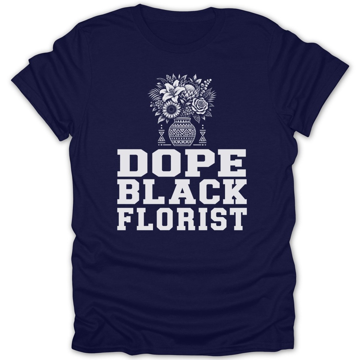 Navy t-shirt with white text and floral vase design.