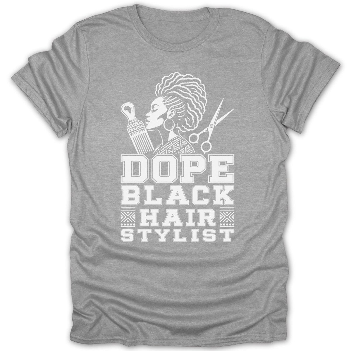 Grey t-shirt with white text and graphic of a woman, comb, and scissors.