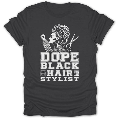 Dope Black Hair Stylist graphic with woman, comb, and scissors.