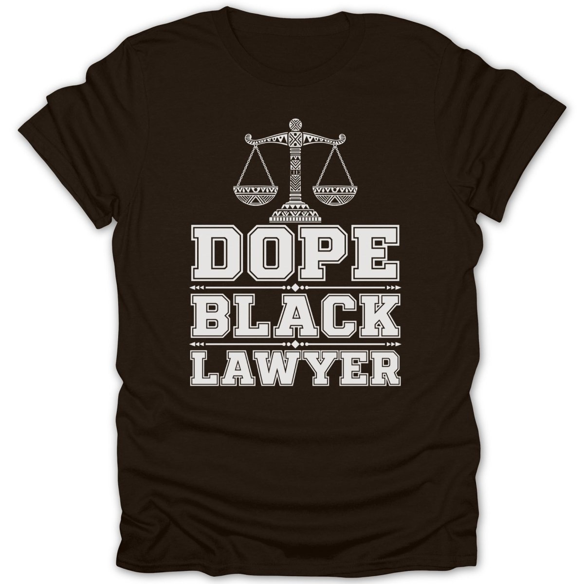 Brown t-shirt with scales of justice and text "DOPE BLACK LAWYER".