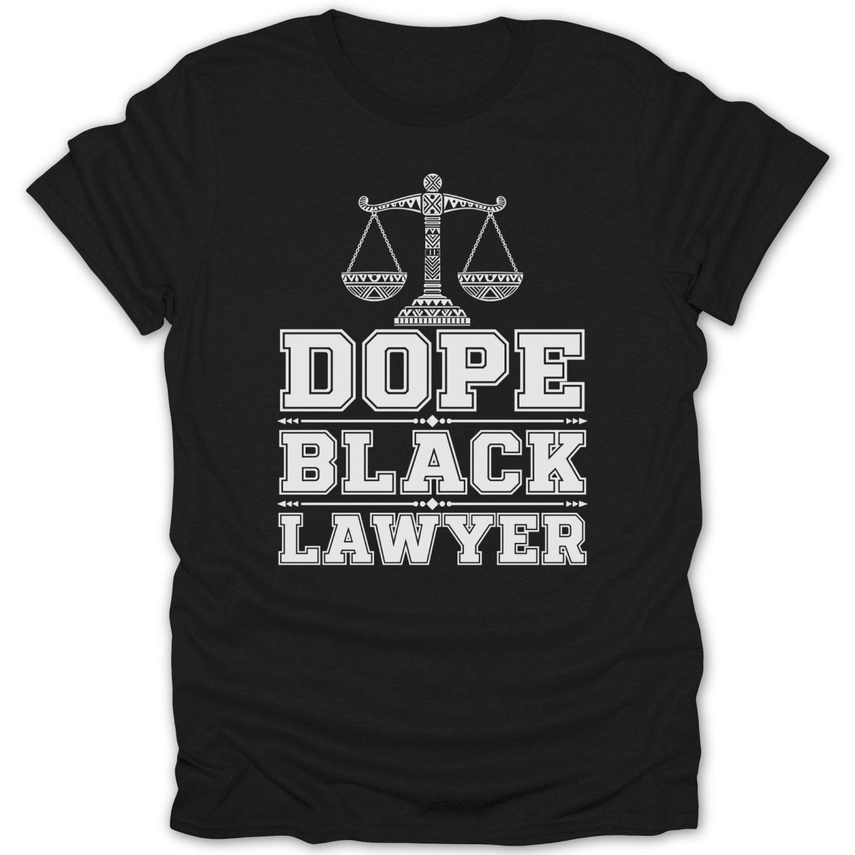 Black t-shirt with white text and scales of justice graphic.