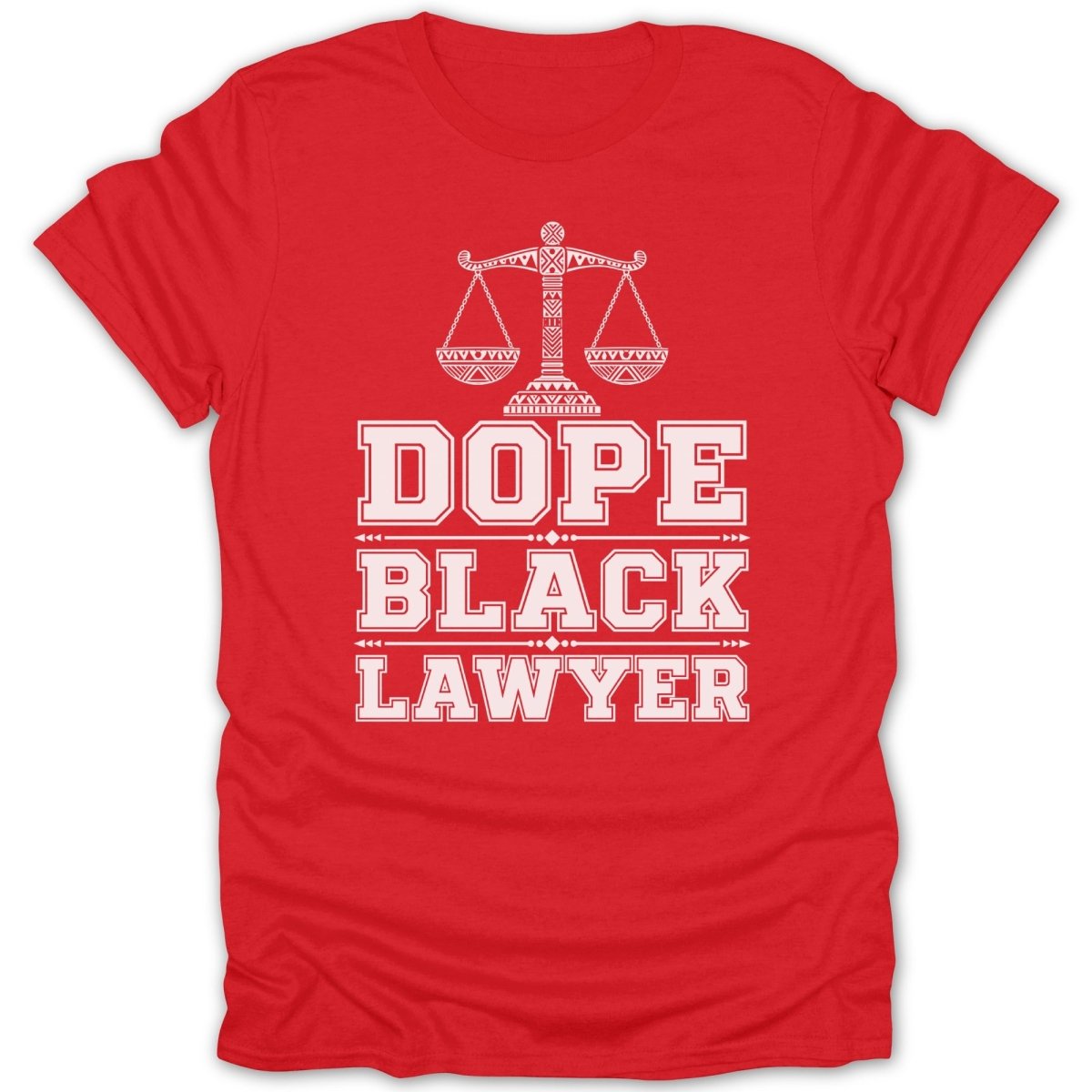 Red t-shirt with white text and scales of justice graphic.