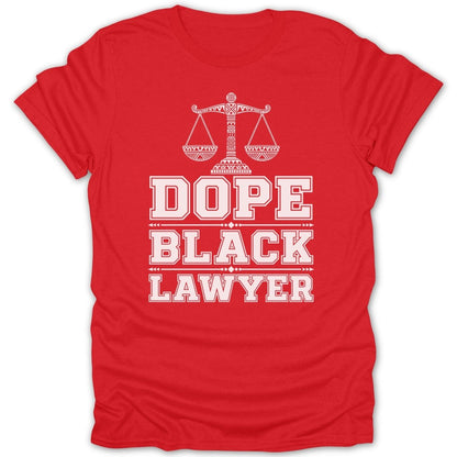 Red t-shirt with white text and scales of justice graphic.