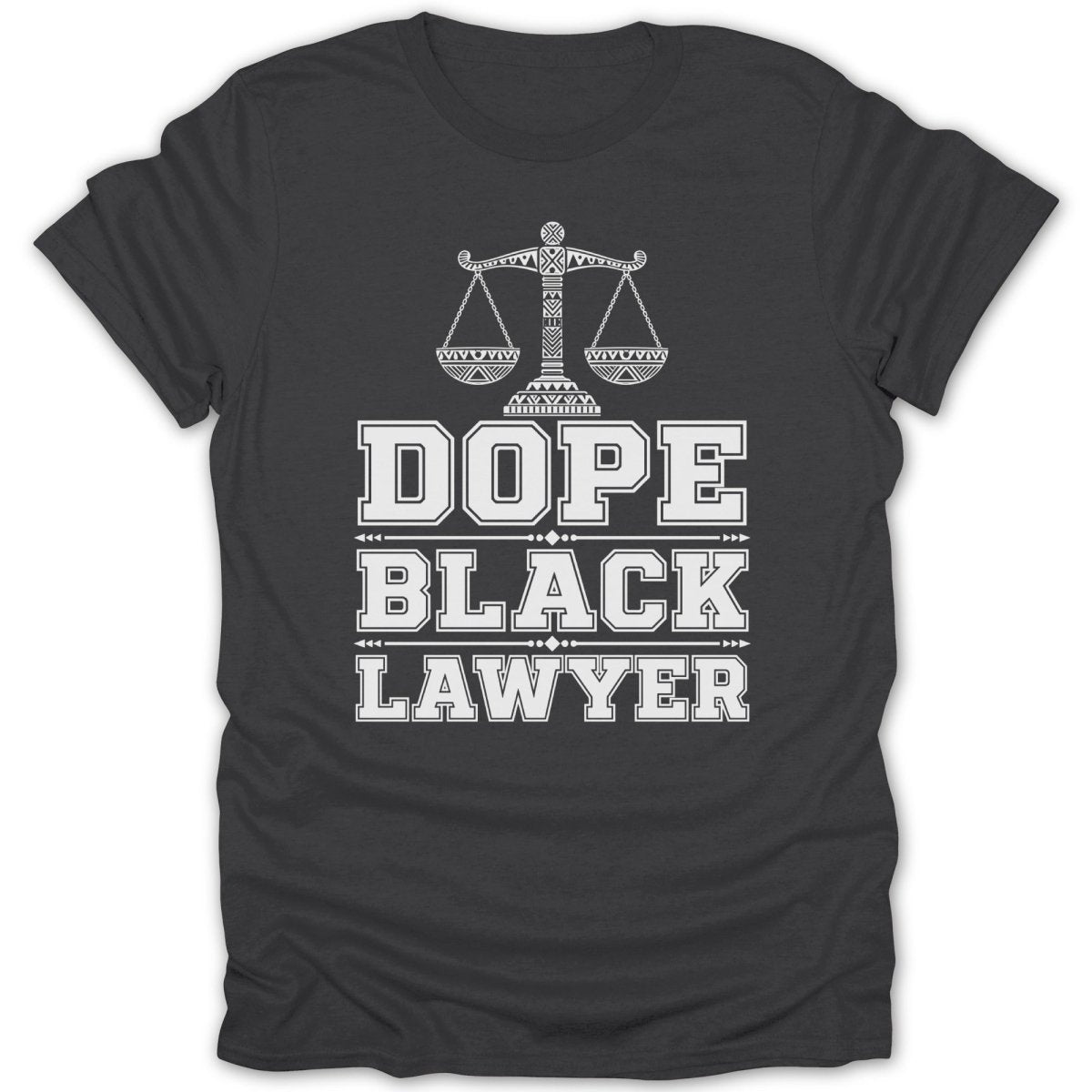 Dark grey t-shirt with white text and scales of justice graphic.