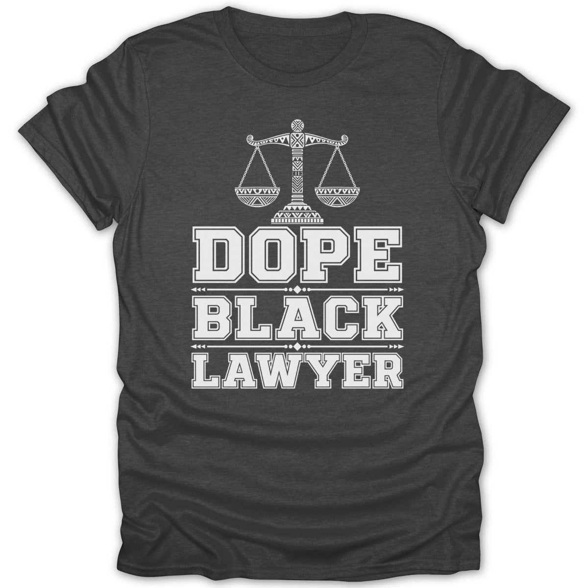 Dark grey t-shirt with white text and scales of justice.