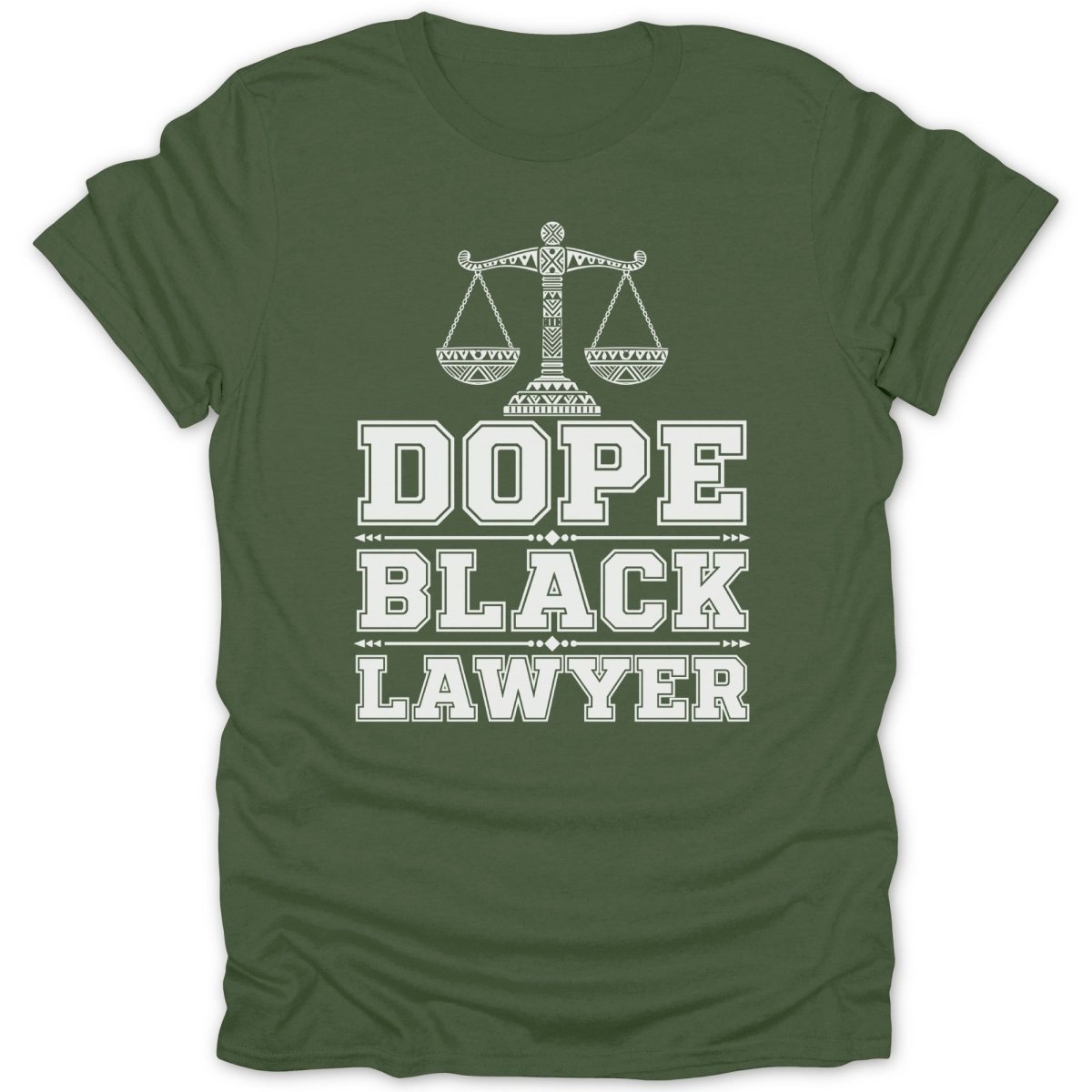 Green t-shirt with white text: "DOPE BLACK LAWYER" and scales of justice.