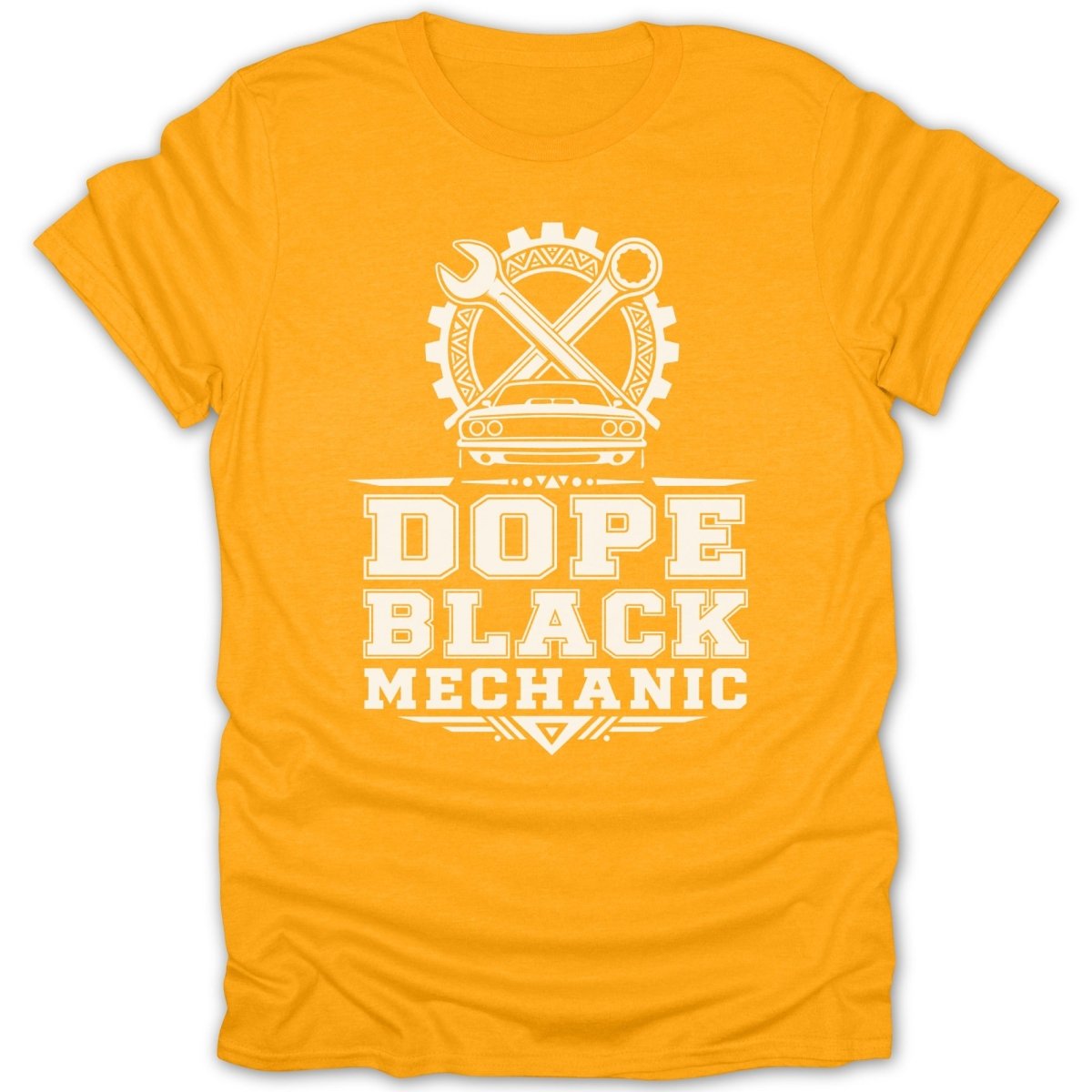 Orange t-shirt featuring white text and graphics that say "Dope Black Mechanic."