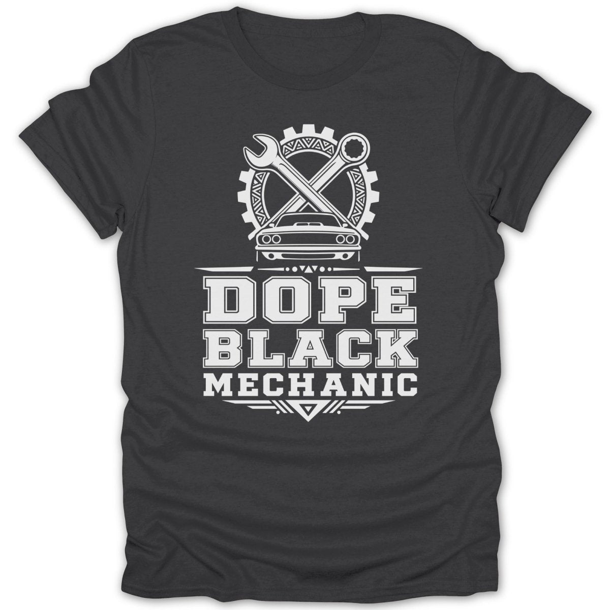 Dark t-shirt with white text and graphics: "DOPE BLACK MECHANIC" and car symbols.