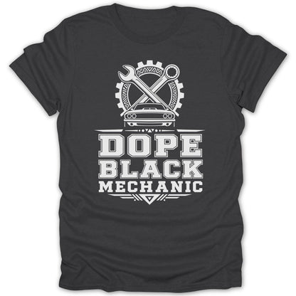 Dark t-shirt with white text and graphics: "DOPE BLACK MECHANIC" and car symbols.