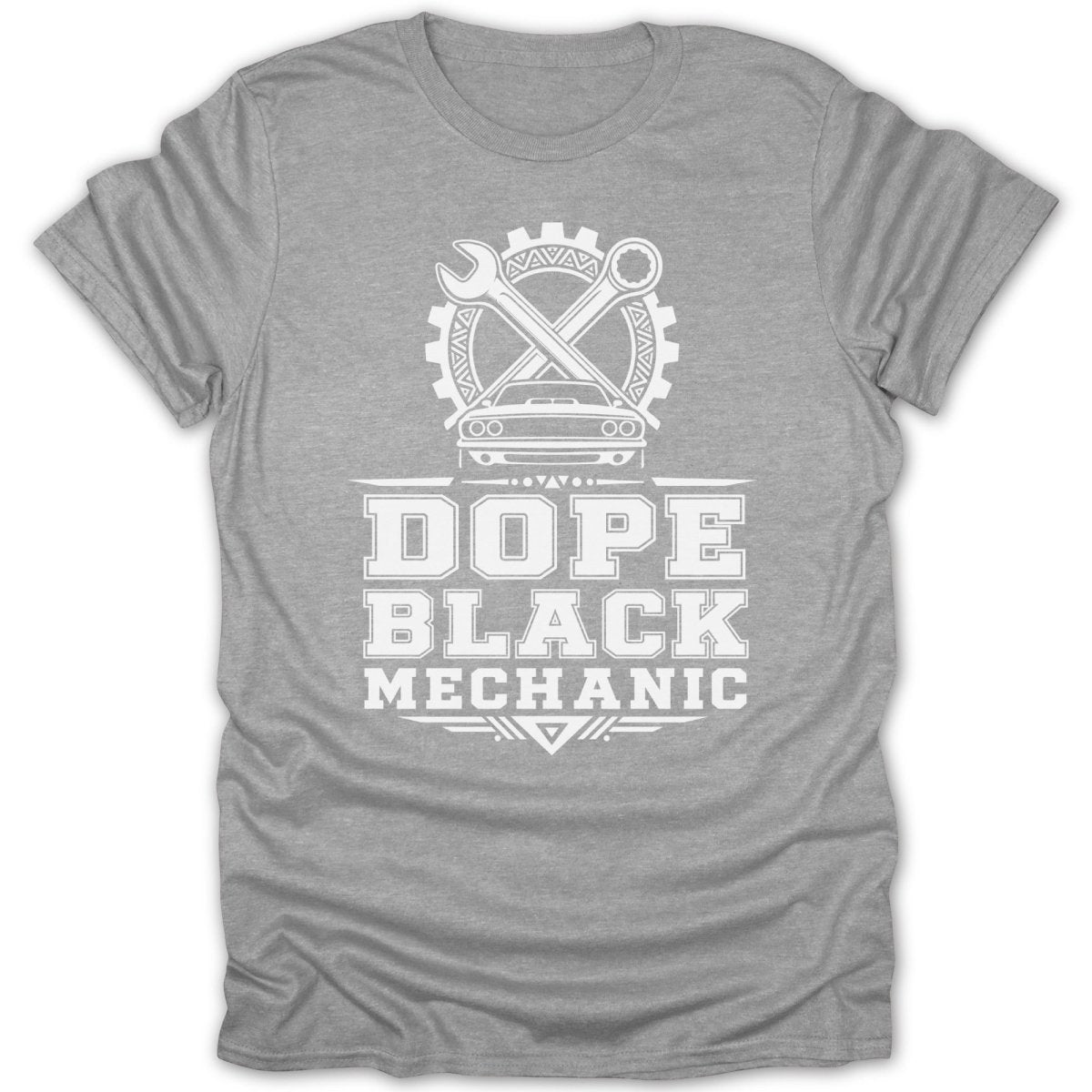 Grey t-shirt with white graphic reading "Dope Black Mechanic" and automotive symbols.