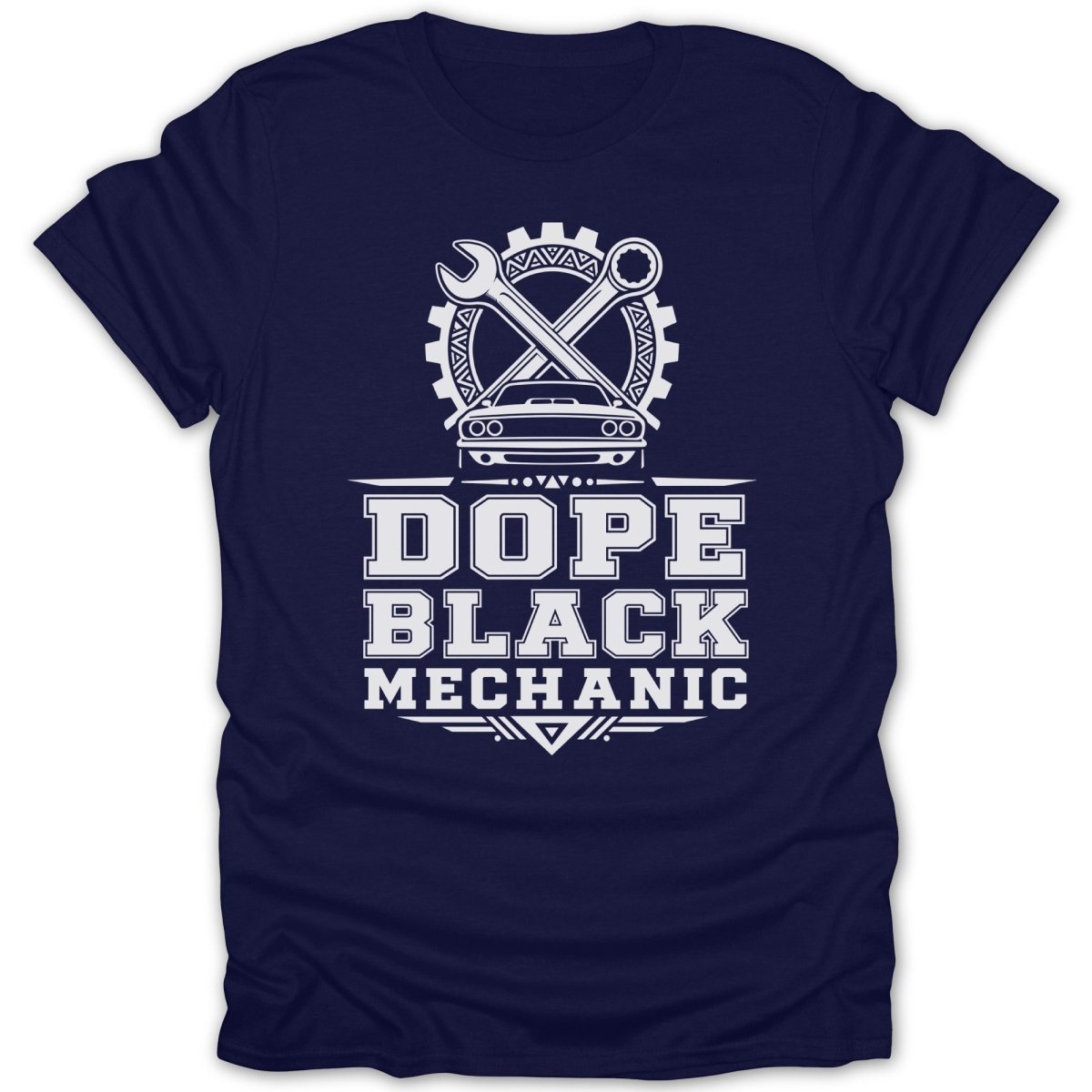 Navy t-shirt with white graphic of car, wrenches, gear, and text "DOPE BLACK MECHANIC".