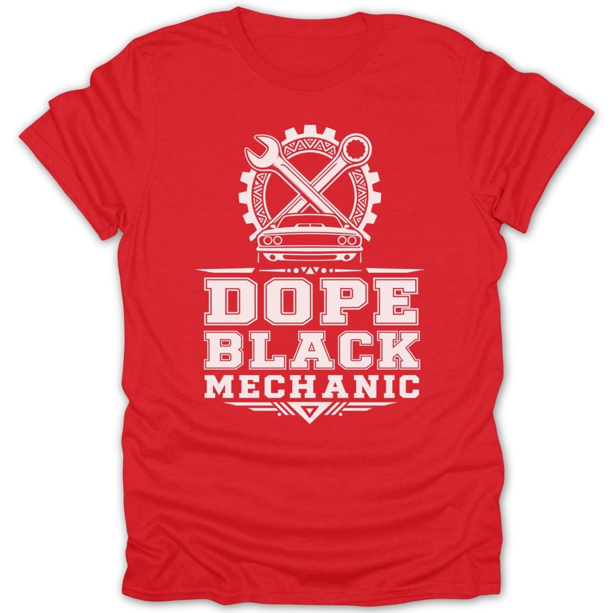 Red t-shirt with white graphic: Dope Black Mechanic, car, wrench, and gear.